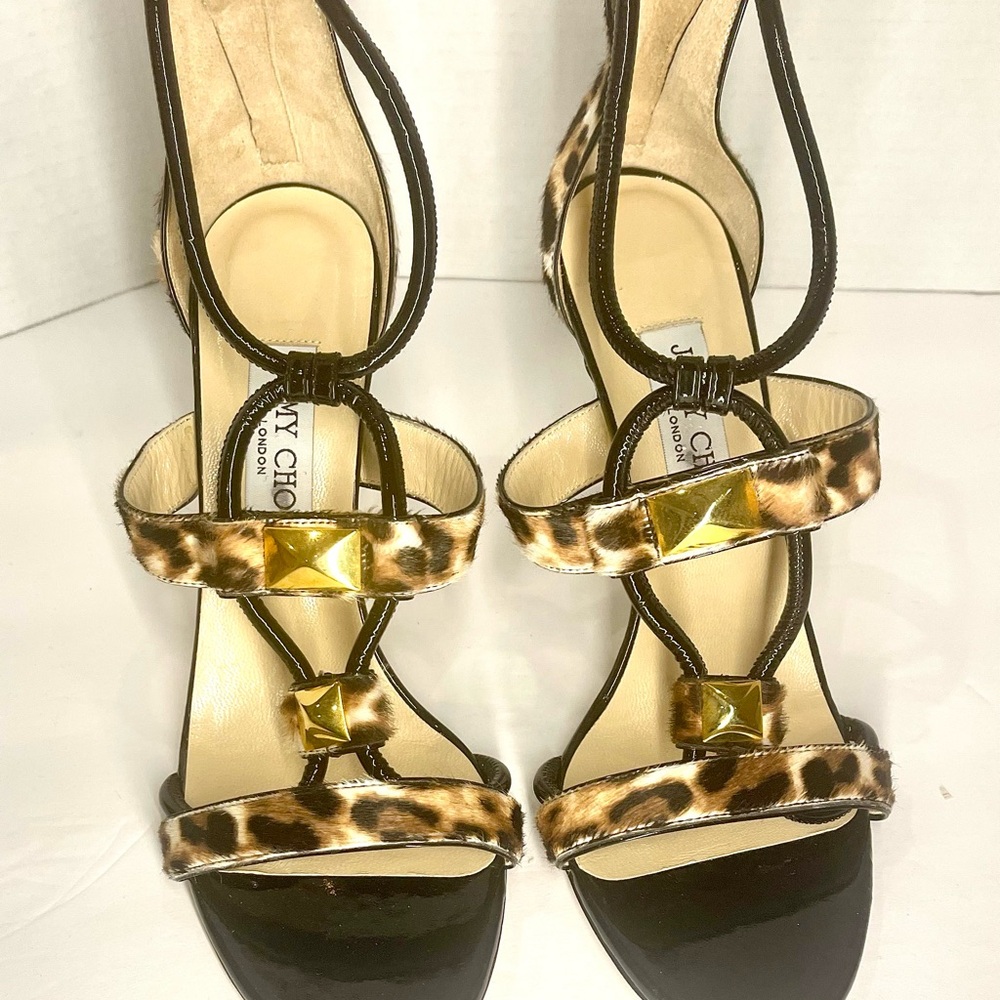 Jimmy Choo Leopard and Black Patent leather sides and Heels